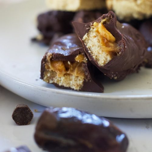 vegan, gluten-free caramel centered homemade Snickers bar
