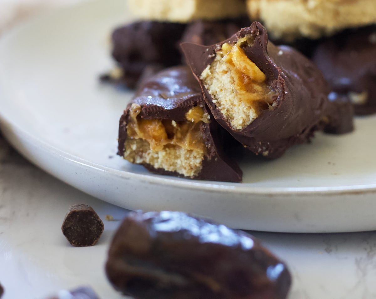 vegan, gluten-free caramel centered homemade Snickers bar
