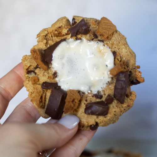 cinnamon cookie with marshmallow center, chocolate chips and graham cracker crumbs