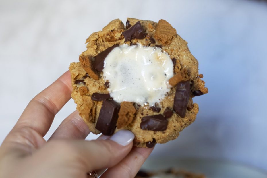 cinnamon cookie with marshmallow center, chocolate chips and graham cracker crumbs