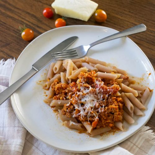paleo pasta with a rich red meat sauce