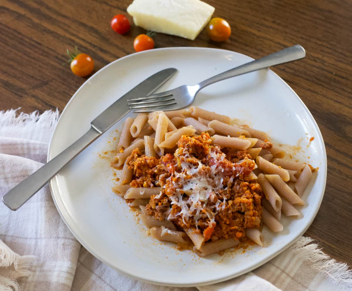 paleo pasta with a rich red meat sauce