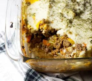 paleo sheperd's pie with veggies, meat and creamy cauliflower top layer.