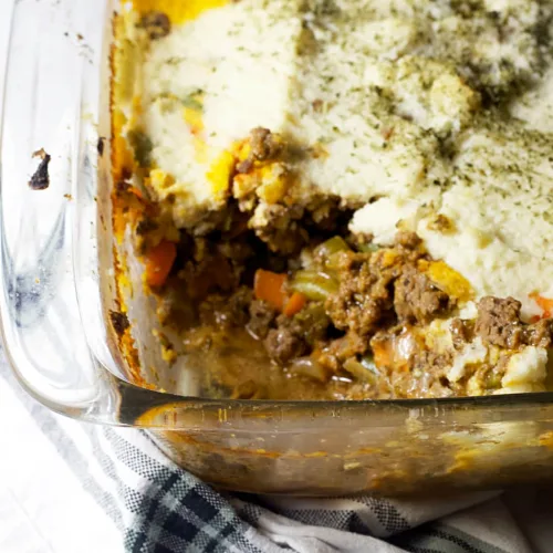 paleo sheperd's pie with veggies, meat and creamy cauliflower top layer.