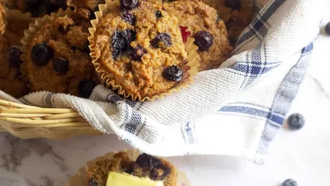 fluffy blueberry muffins in a basket